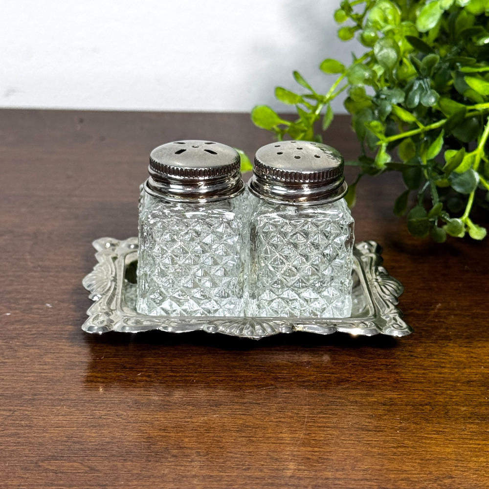 Vintage Mini Salt & Pepper Shakers Silver Plated Tray Clear Diamond Point Glass